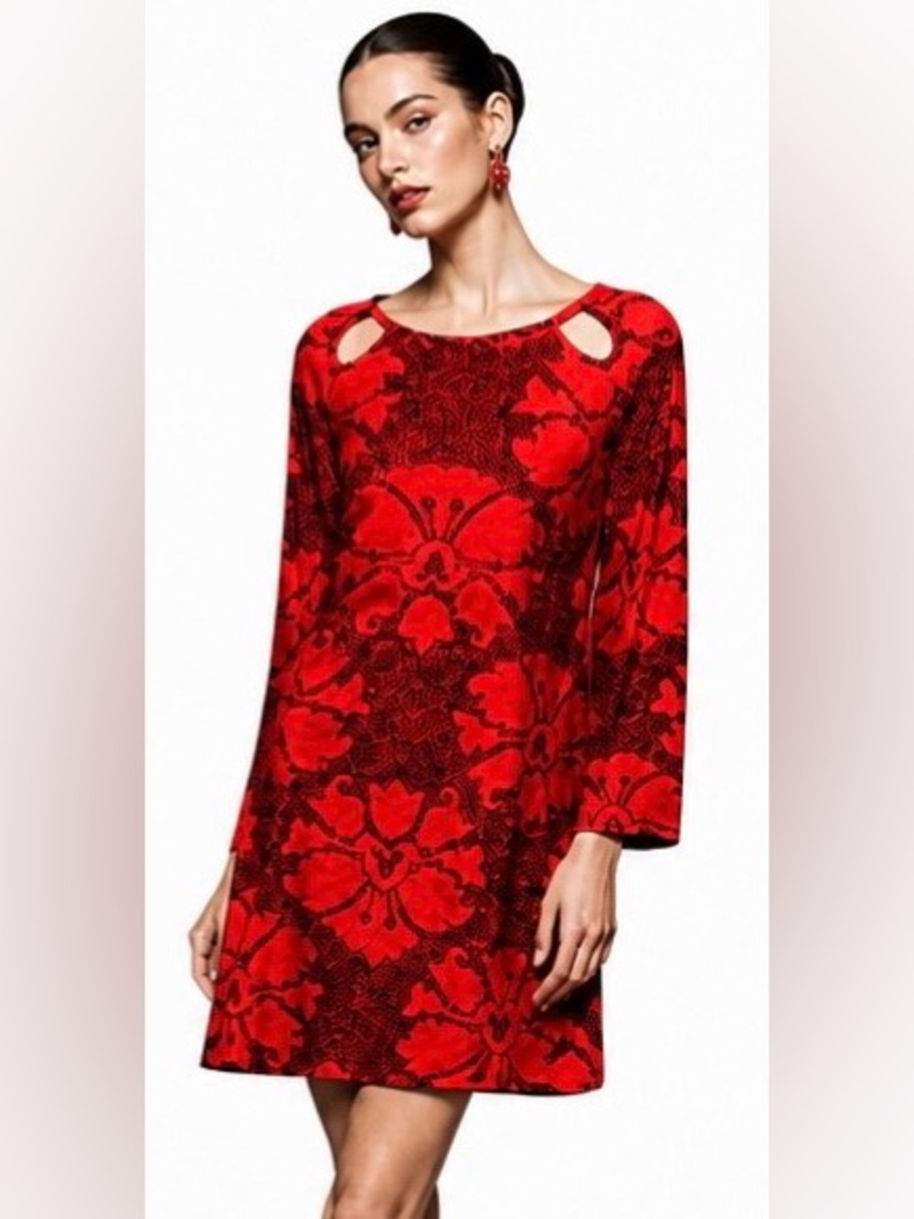 ARYEH Dress Red Black Knit Sweater Midi Geometric Floral